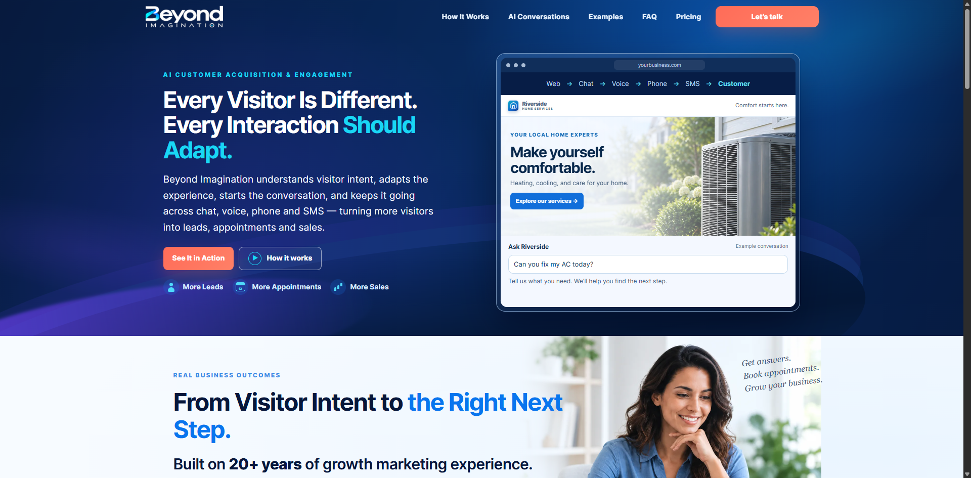 Beyond Imagination homepage: Every Visitor Is Different. Every Interaction Should Adapt, with an illustrative interactive business website.