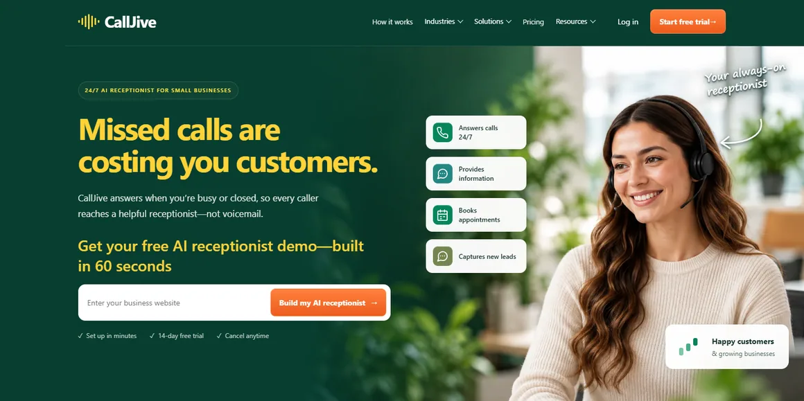 CallJive AI receptionist homepage with voice reception service demonstration