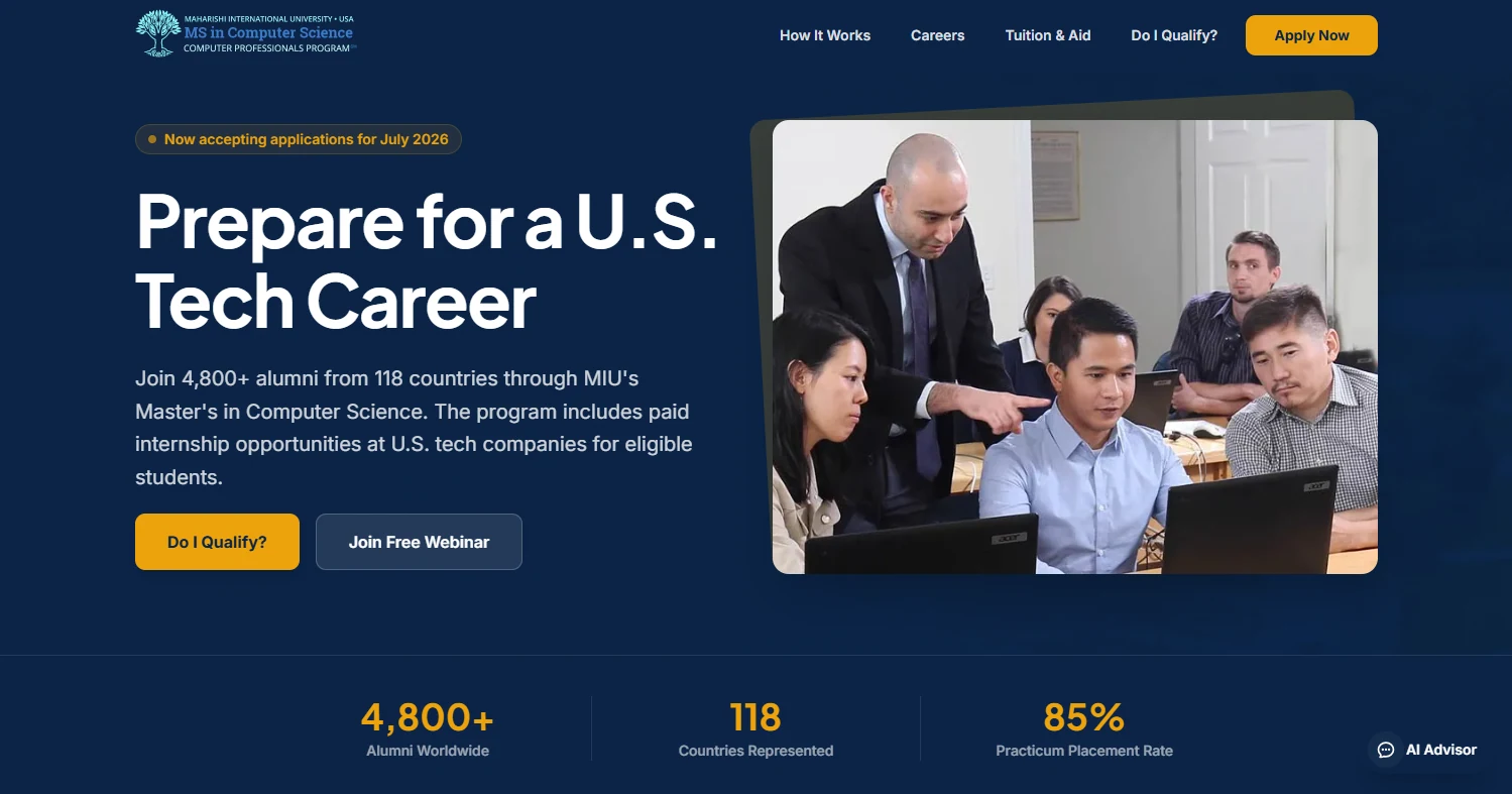 MIU Computer Professionals recruitment homepage with students in a classroom and a U.S. technology career headline.