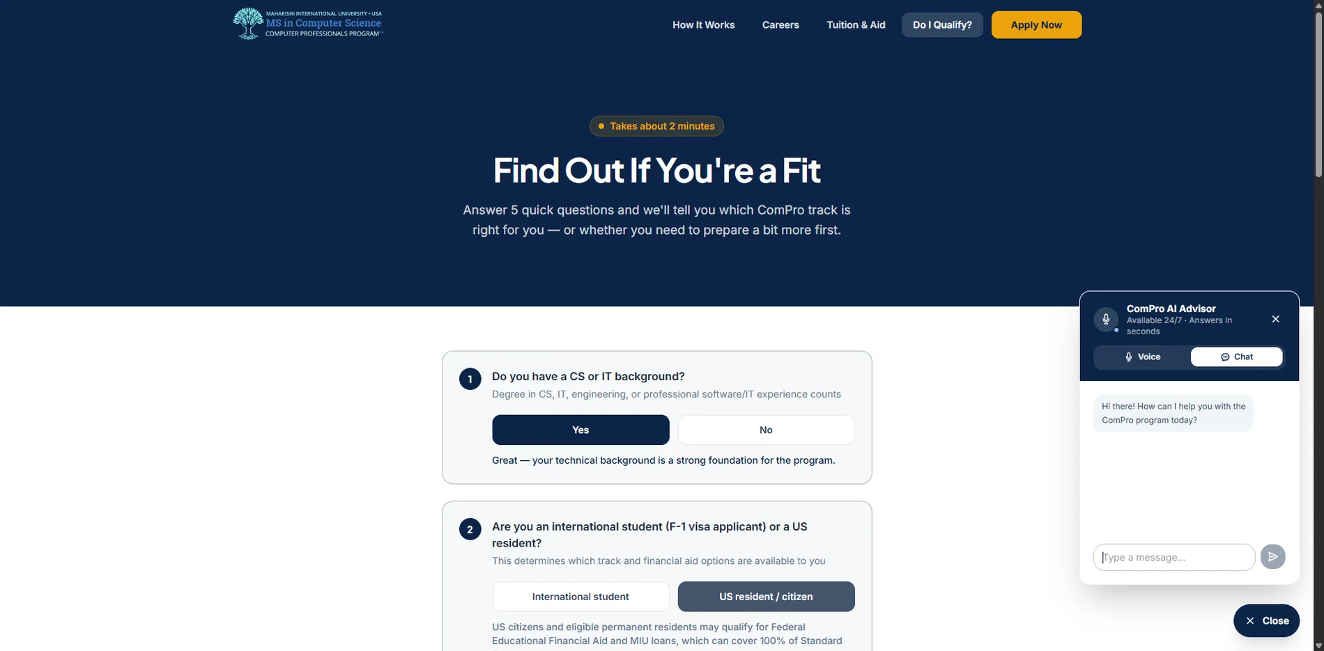 Archived MIU applicant qualification page with guided questions and an admissions assistant