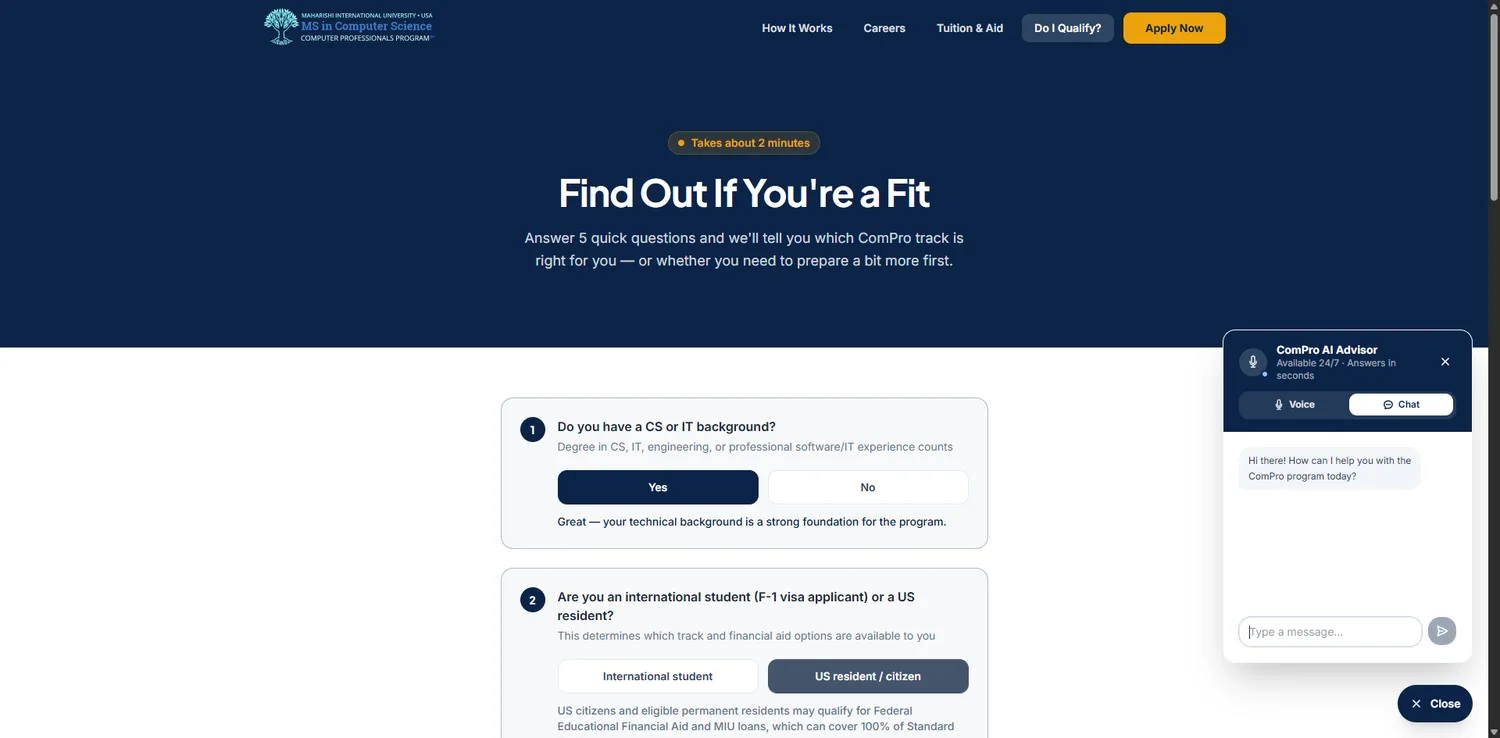 Archive image of a digital recruitment experience produced for the MIU Computer Professionals program