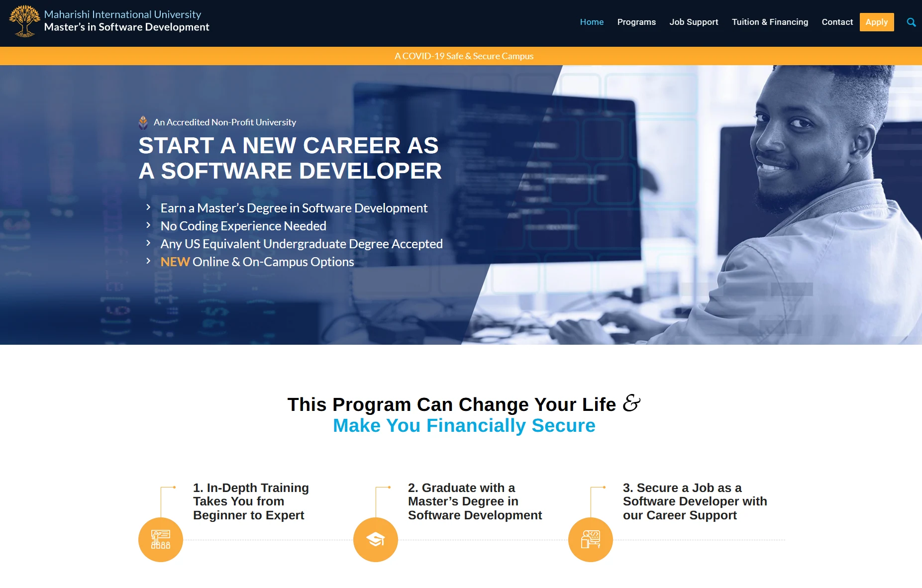 Original historical Master’s in Software Development homepage with career and training benefits