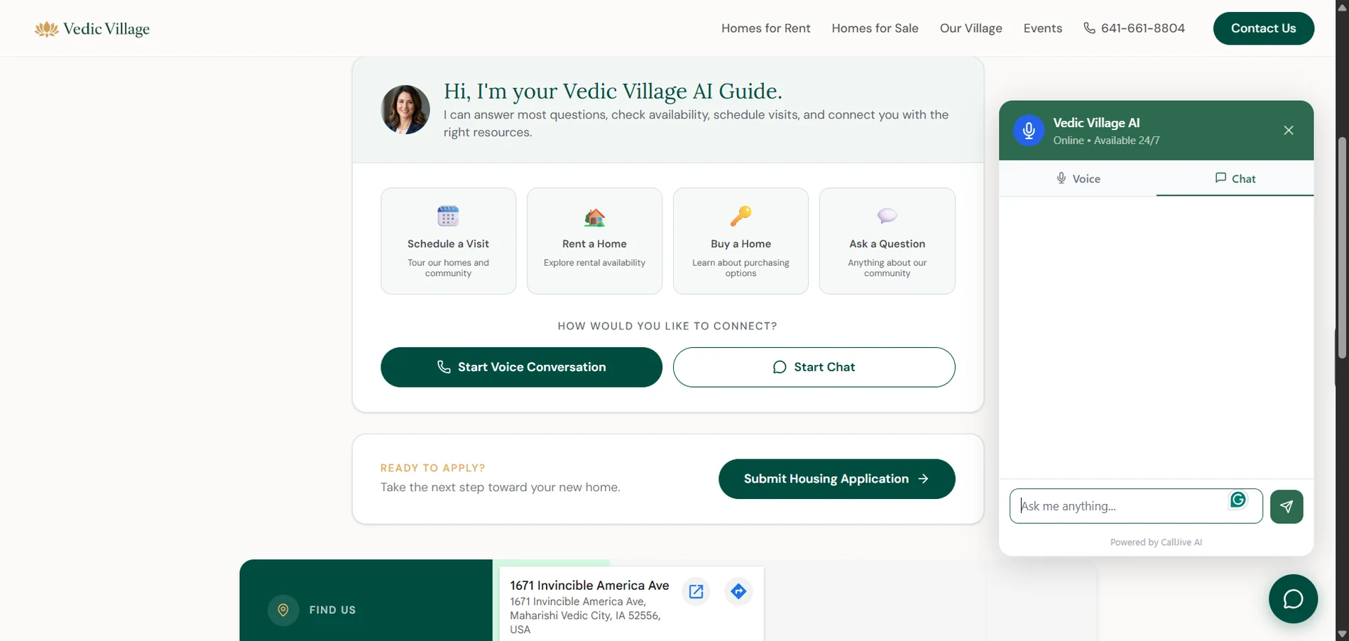 Actual Vedic Village AI guide interface with inquiry choices and application pathway