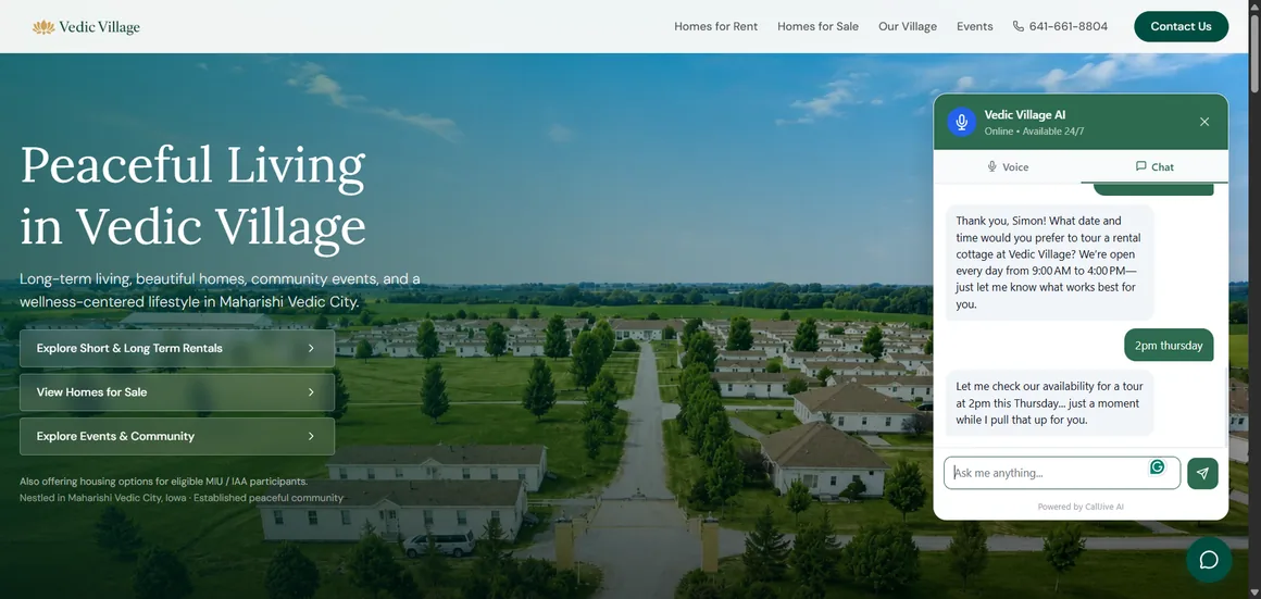 Archived Vedic Village website screenshot featuring a community aerial photograph and digital assistant.