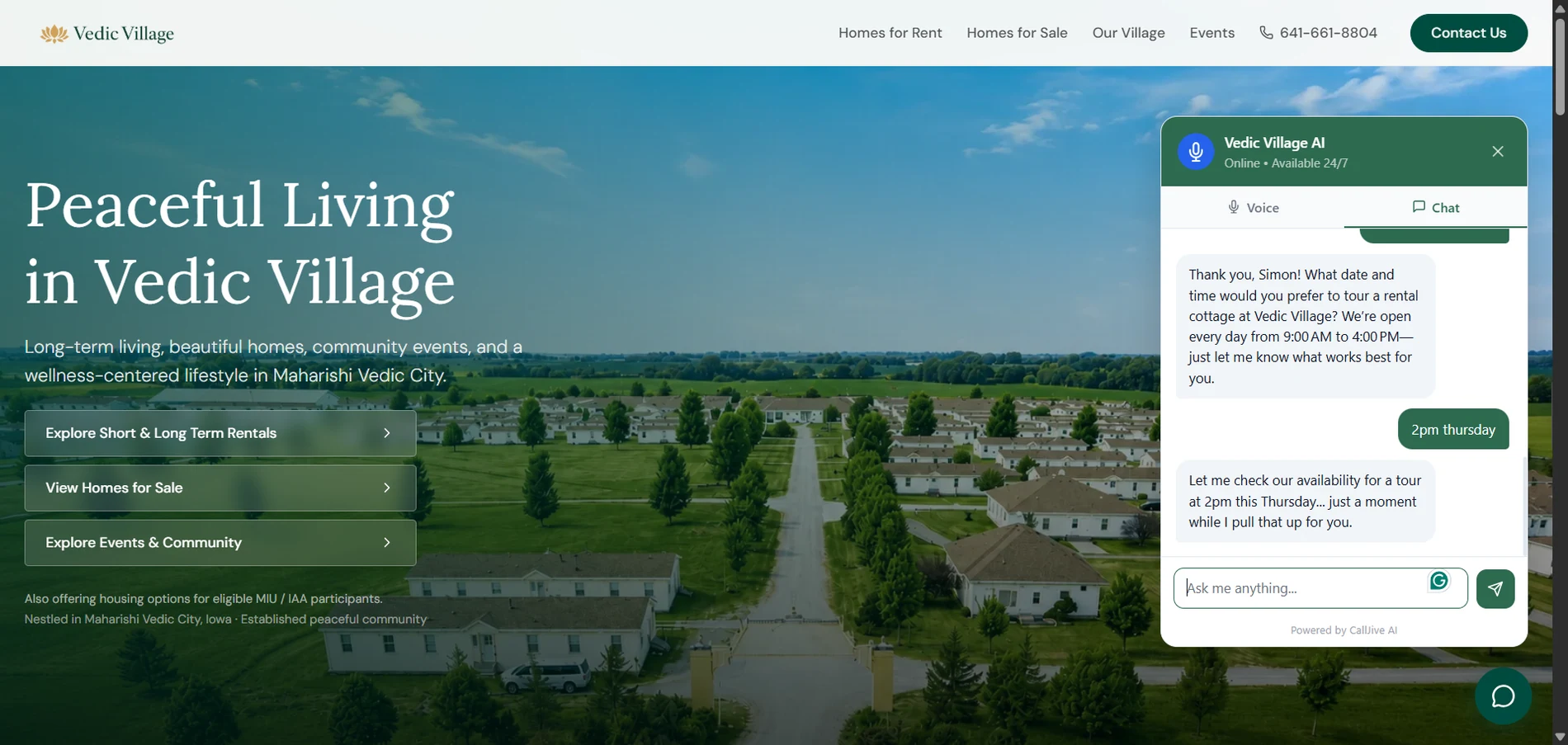 Original Vedic Village homepage with a panoramic view and AI housing guide